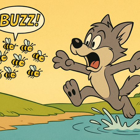 A swarm of bees chasing a helpless baby wolf pup who is jumping into water to escape. 