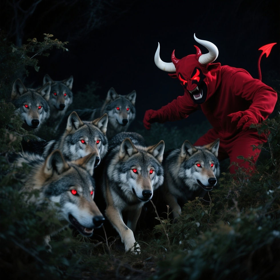 A pack of wolves hides in the bushes, the scene is dark at night, you can see the wolves' eyes glowing red in the darkness. They are about to attack a devil with a bull costume on