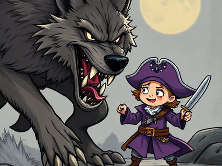 An adorable pirate tries to stand up to a big bad wolf.