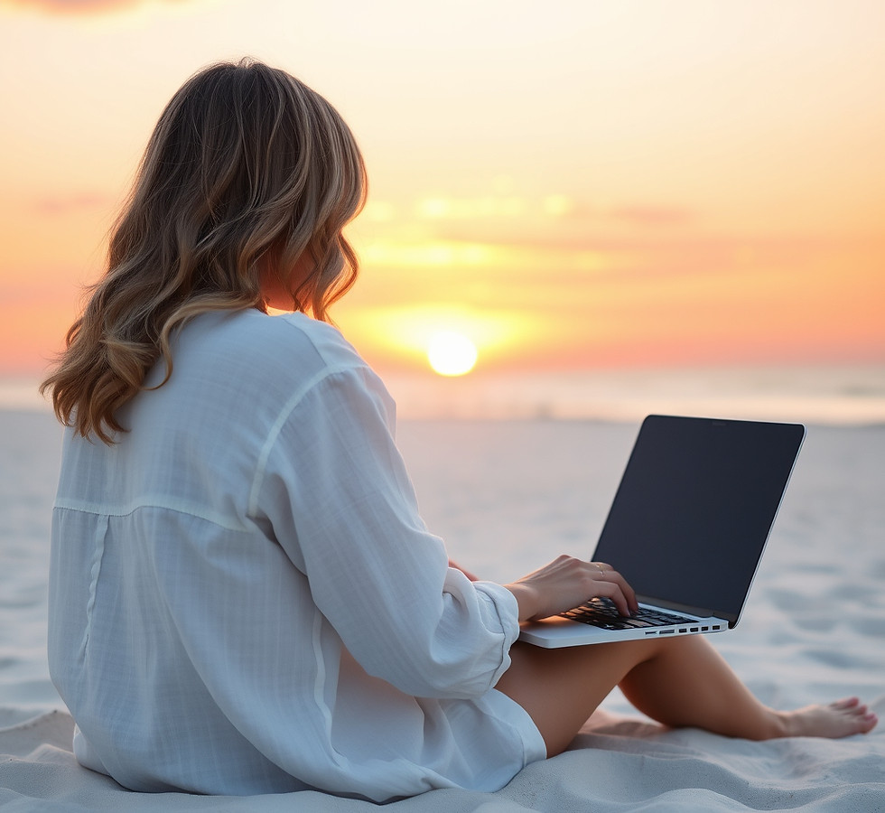 The back of a female entrepreneur sitting on a white sandy beach watching the sunset dip b