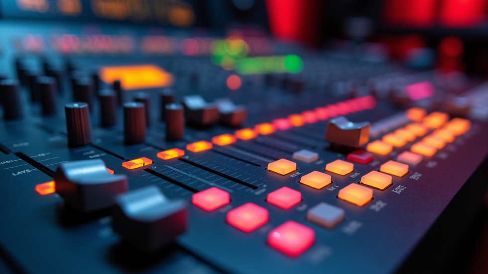 Close-up view of a mixing console with colorful sound levels on display