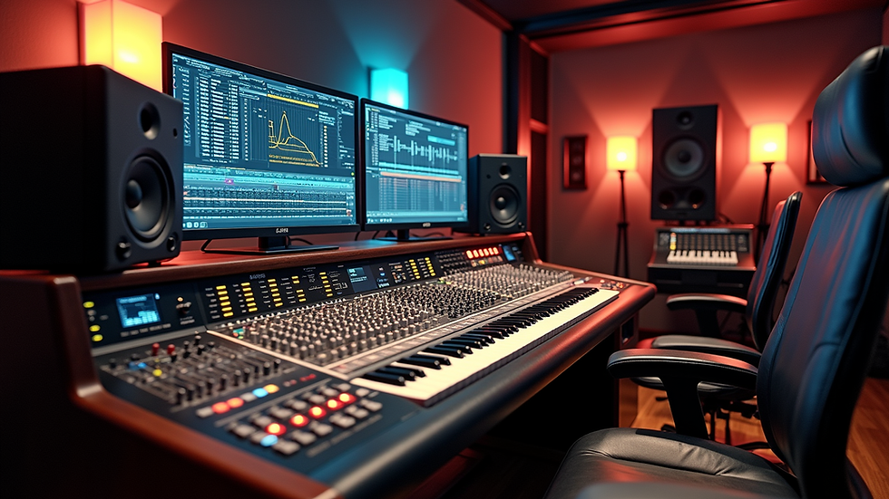 Eye-level view of a modern music studio control room with mixing console and monitors