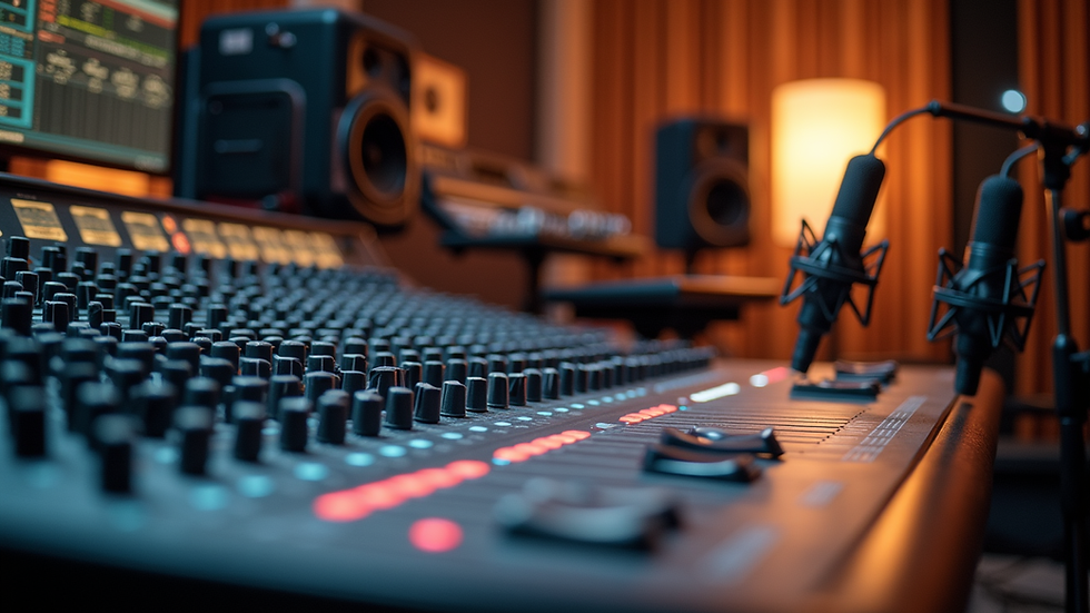 Eye-level view of a modern recording studio with mixing console and microphones