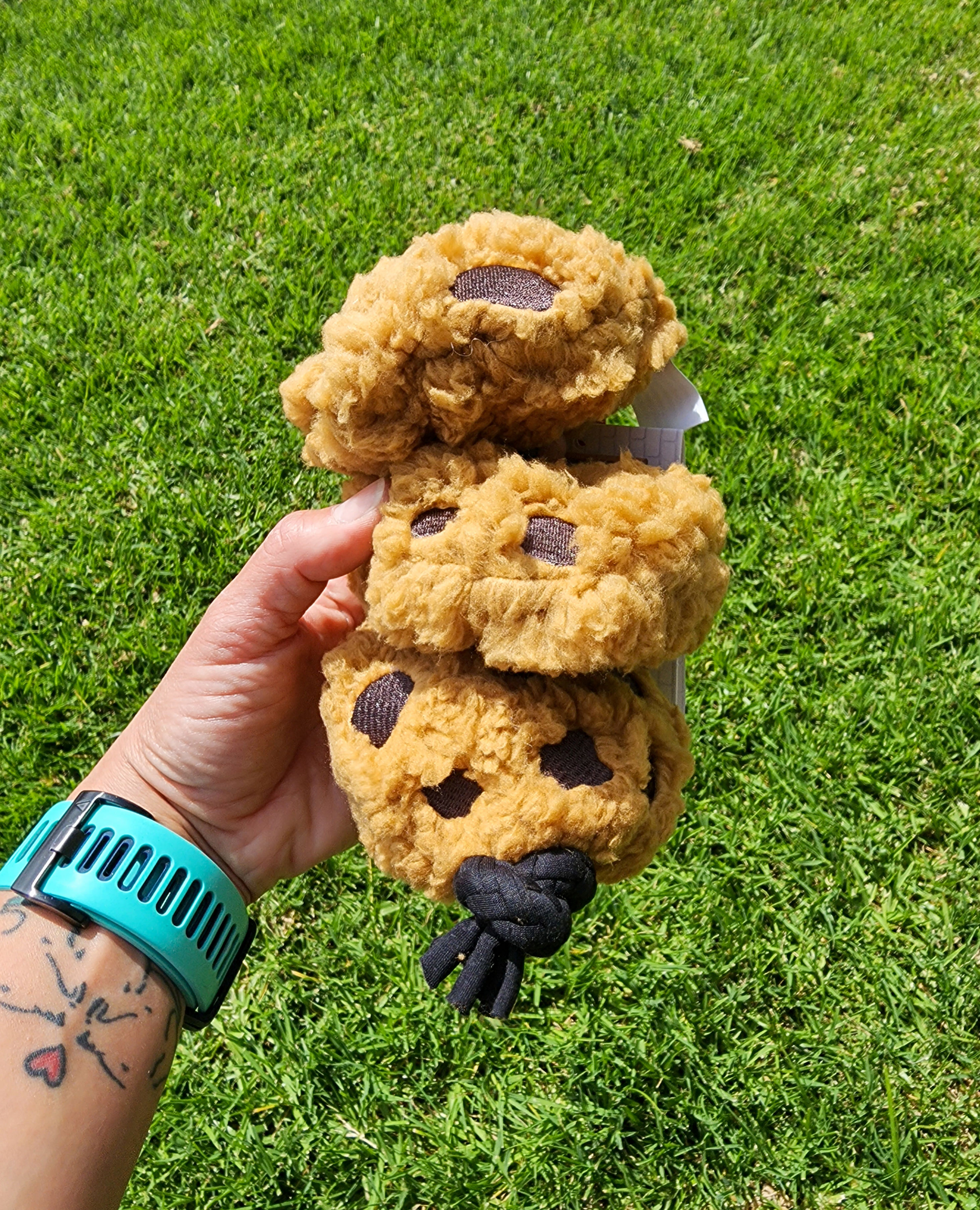 chocolate chip cookie stuffed dog toy with rope
