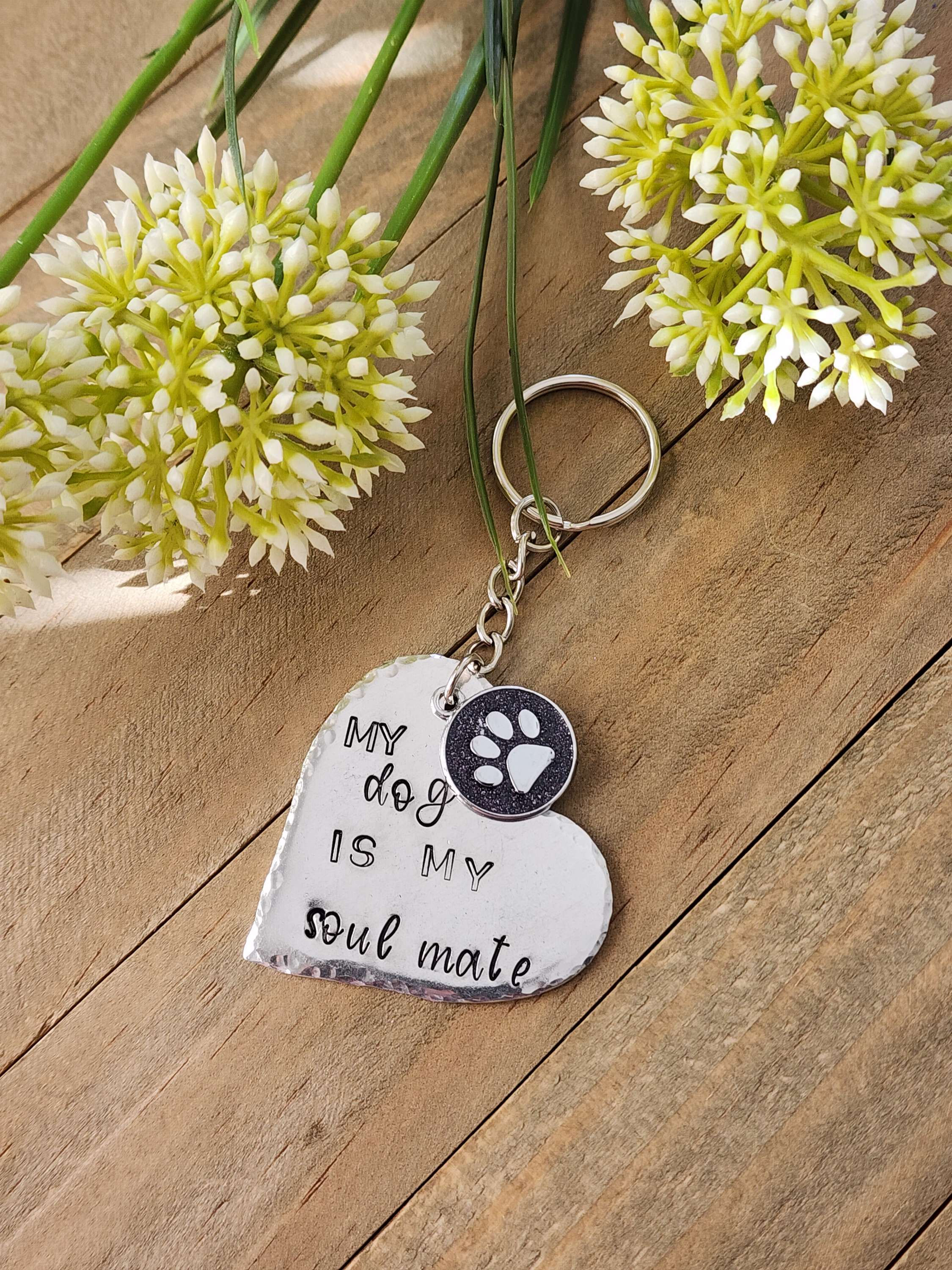 Big heart shaped keychain that says "My dog is my soulmate"