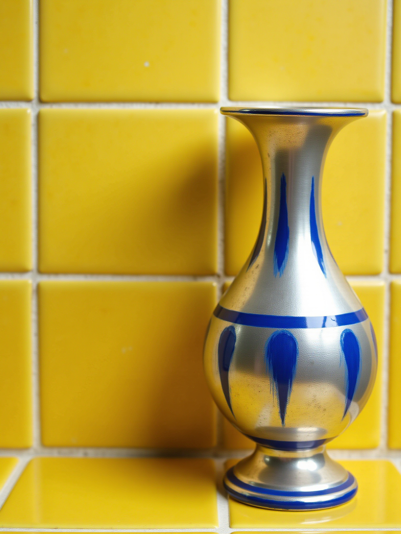 Silver vase with blue accents on yellow tiles; artisan home decor.
