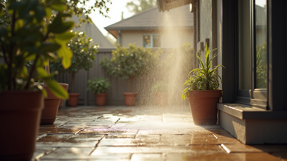 Eye-level view of a residential patio getting pressure washed