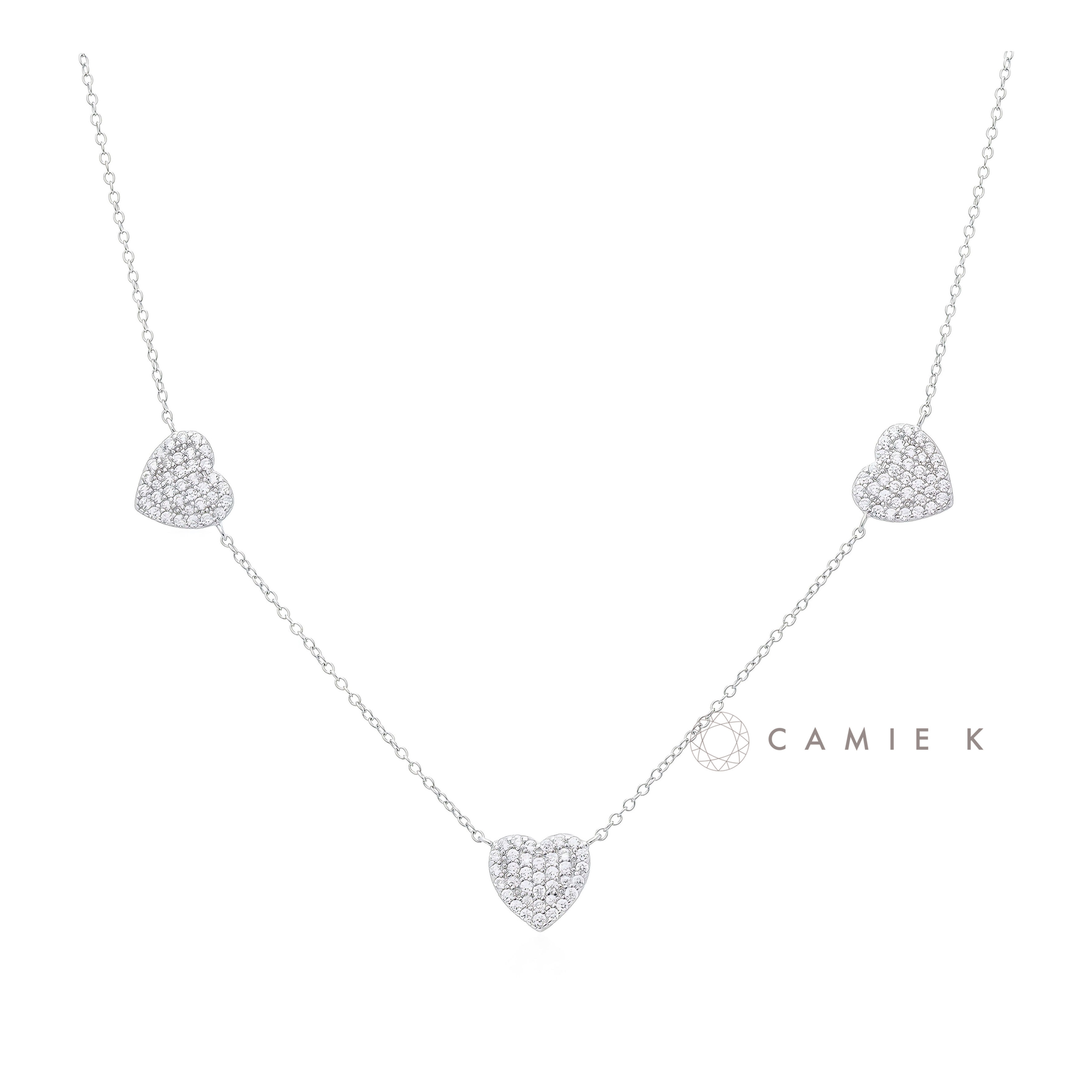 Colar 3 corações cravejados, Prata 925