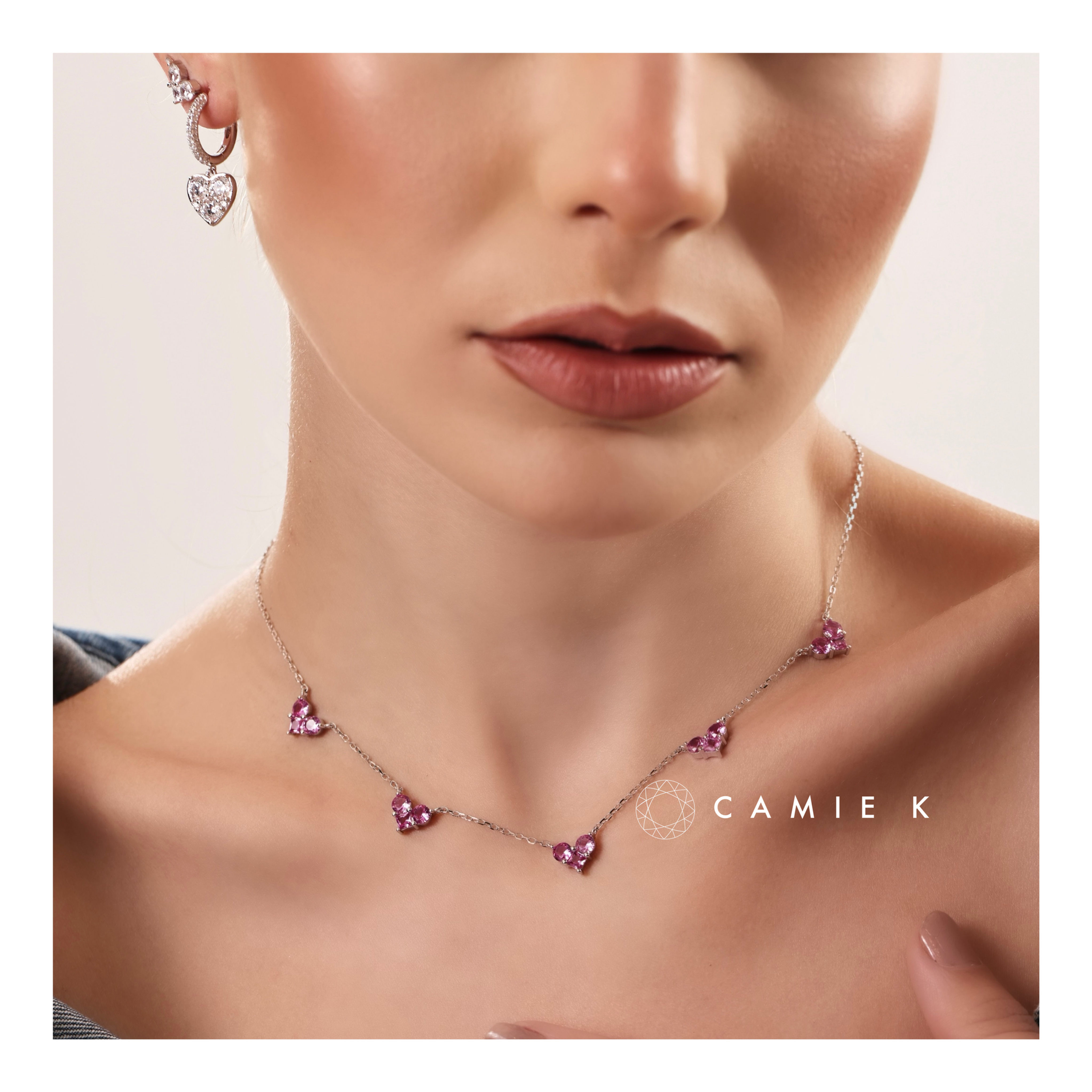 Colar corações Stone Turmalina Pink, Prata 925