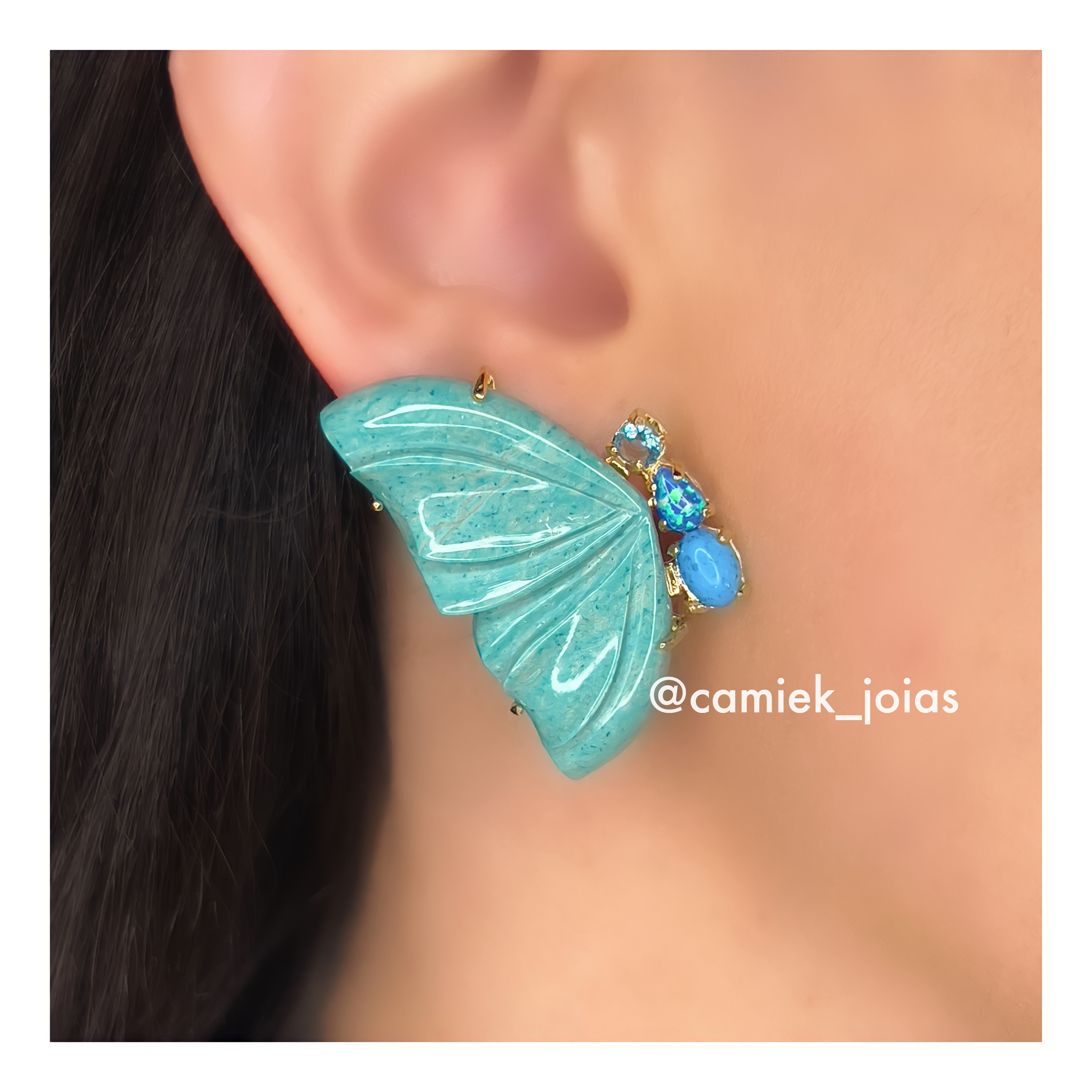 Brincos borboleta em Amazonita e Opala naturais, Prata 925