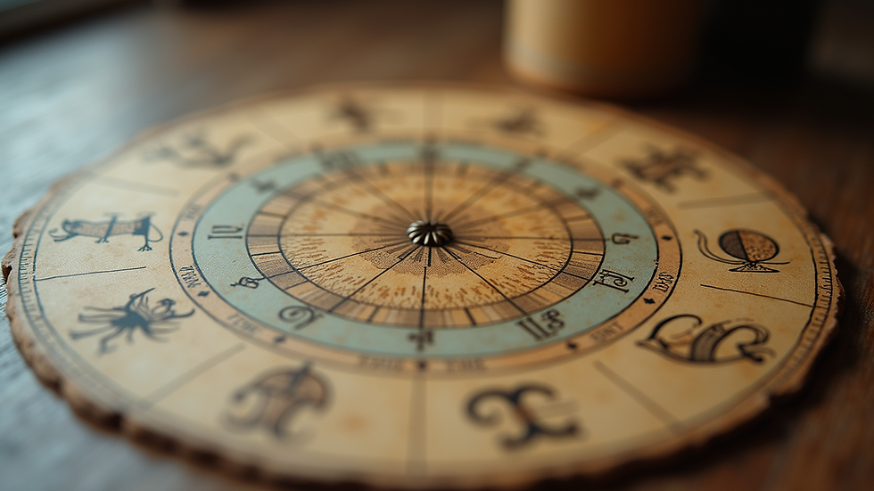 Close-up view of astrological chart with zodiac signs