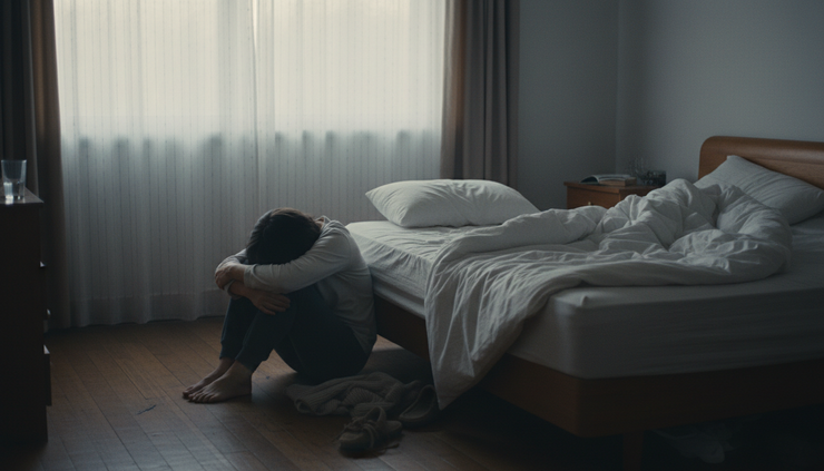 Eye-level view of a person sitting quietly on the floor beside a bed