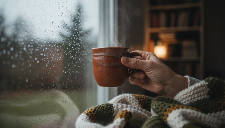 Close-up view of a hand holding a warm mug beside a dim window