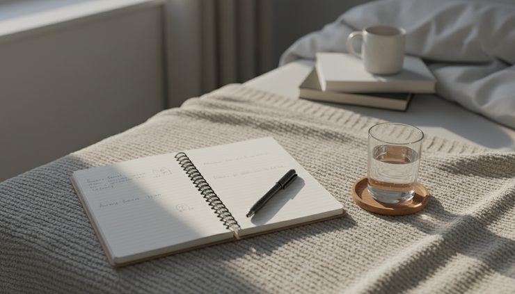 Overhead view of a notebook, soft blanket, and a glass of water on a bed