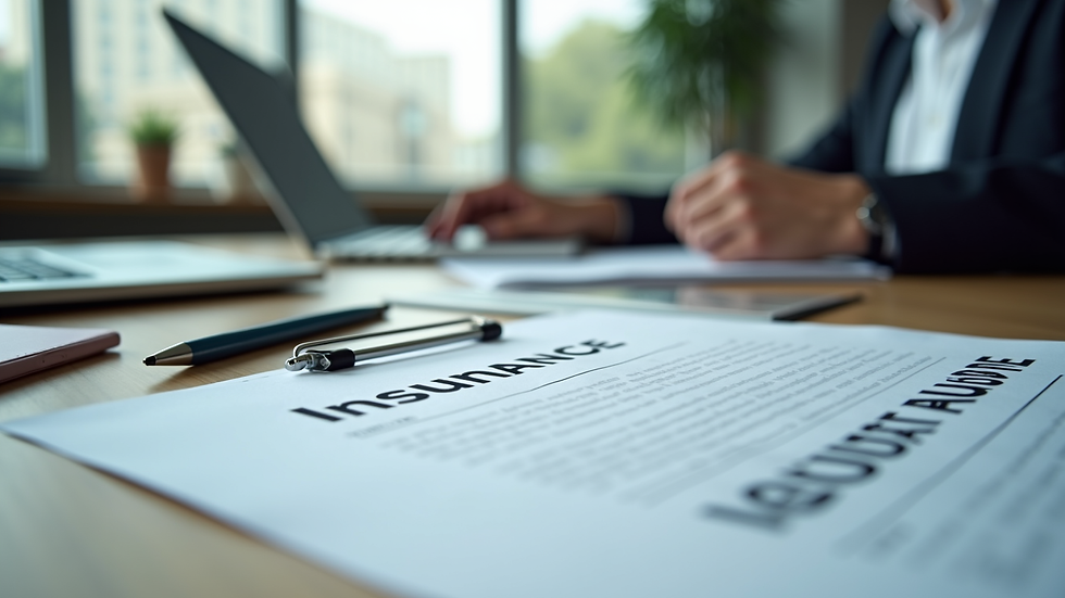 Eye-level view of a business office with insurance documents on a desk