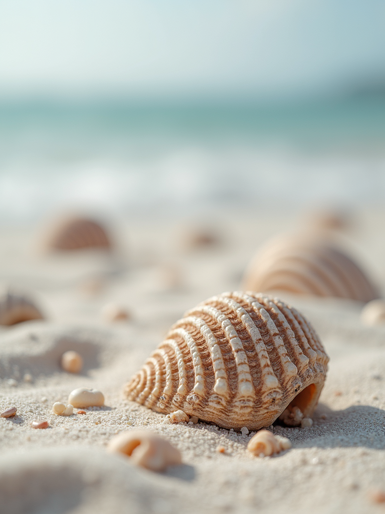 A collection of intricate sea shells rests gently on pristine white sand.