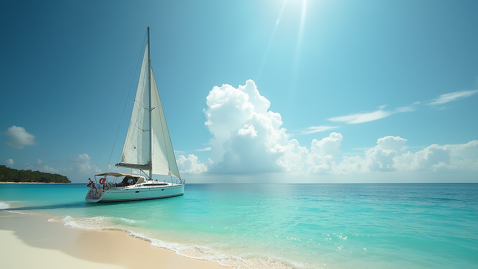Wide angle view of a sailboat anchored near a tropical beach
