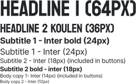 Headline 1 (64px) Headline 2 Koulen (36px) Subtitle 1 - Inter bold (24px) Subtitle 1 - Int