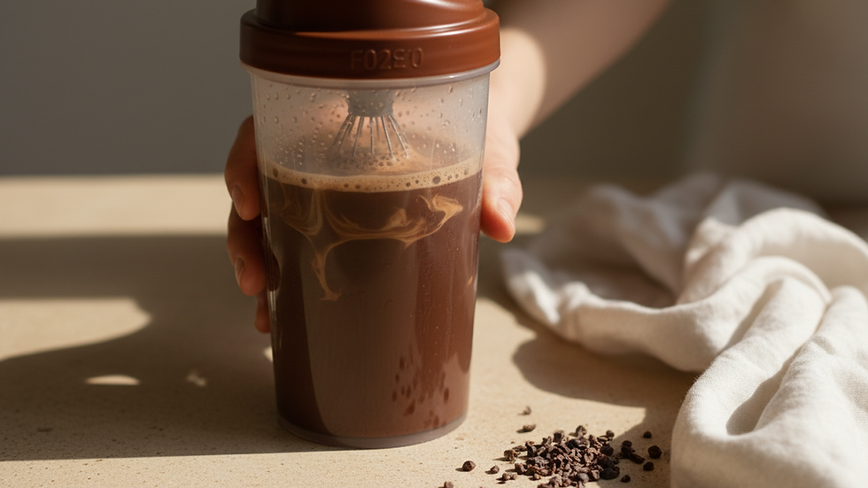Vue rapprochée d’un shaker contenant une boisson protéinée au chocolat