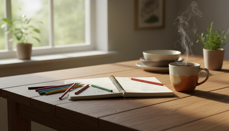 Vue en plongée d’un carnet ouvert avec des crayons colorés sur une table de cuisine.