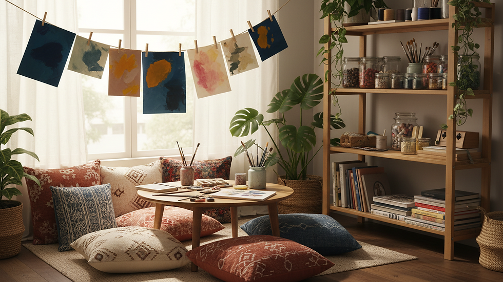 Vue à hauteur des yeux d'un coin d'atelier calme avec des feuilles peintes suspendues et des coussins au sol.