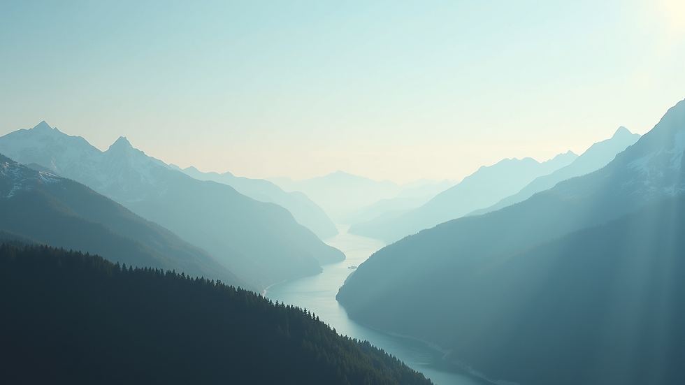 Wide angle view of a serene landscape with mountains and a clear sky