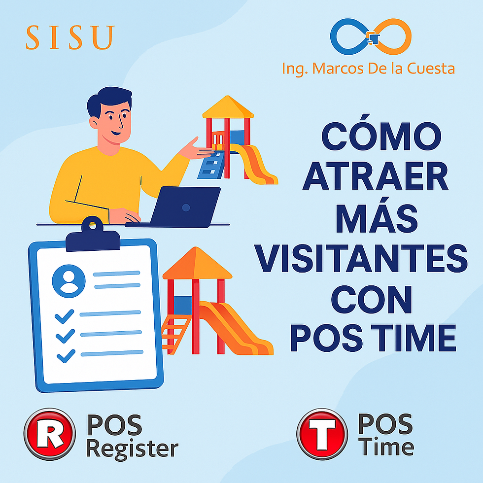 Ilustración de un administrador de parque infantil usando una laptop con el sistema POS Time, mientras analiza estrategias para atraer más visitantes. Alrededor se muestran juegos, un checklist y los logos de SISU, Ing. Marcos De la Cuesta, POS Register y POS Time.
