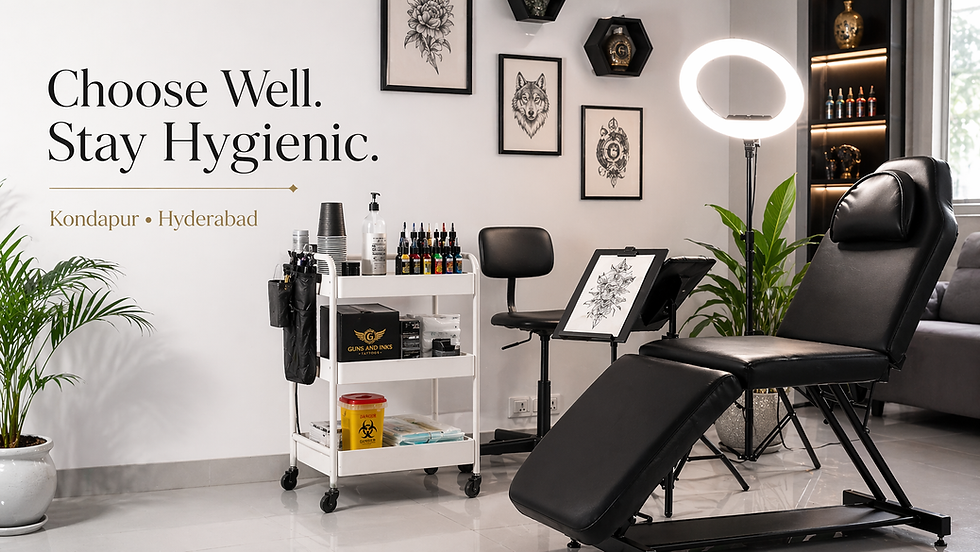 Clean and hygienic tattoo studio setup at Guns and Inks in Kondapur, Hyderabad, featuring a professional tattoo chair, ring light, organised ink station, sterile workstation trolley, framed tattoo artwork and a modern studio interior designed for safe tattooing and client comfort.