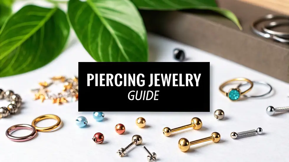 Professional piercing jewelry guide showing a clean arrangement of body jewelry pieces including titanium barbells, gold studs, nose rings, labret studs, and decorative piercing jewelry displayed on a white surface. The image highlights different types of body piercing jewelry commonly used for ear piercings, nose piercings, cartilage piercings, helix piercings, and body piercings. Various high-quality materials such as surgical stainless steel, titanium, and gold jewelry are visible, demonstrating safe and hygienic jewelry options recommended by professional piercers. The layout represents a clean, professional piercing studio setup with organized jewelry pieces used for safe piercing procedures. This visual guide helps people searching for the best piercing jewelry, safe body piercing materials, and professional piercing studios near me. Educational image related to choosing the right jewelry for piercings, proper piercing aftercare, and selecting high-quality piercing jewelry at professional tattoo and piercing studios such as Guns and Inks Tattoos Hyderabad, one of the top-rated tattoo and piercing studios in Hyderabad city known for hygiene, safe piercing practices, and expert artists.
