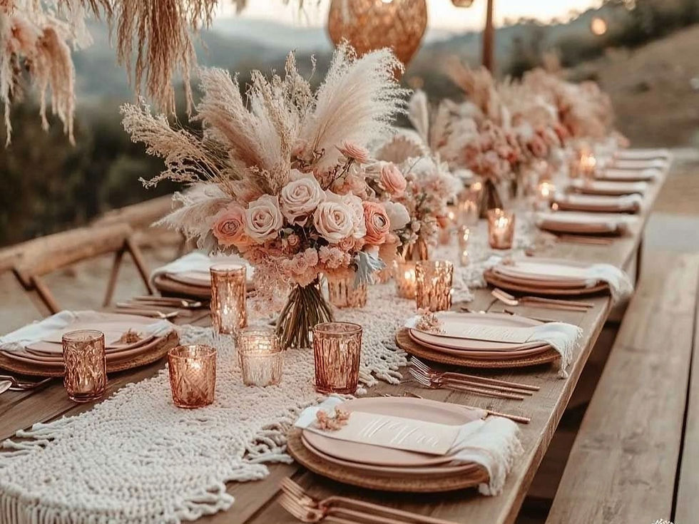 Elegant outdoor table setting with pink roses, pampas grass, candles, and white cloths on a wooden table. Warm, inviting boho beach style ambiance.