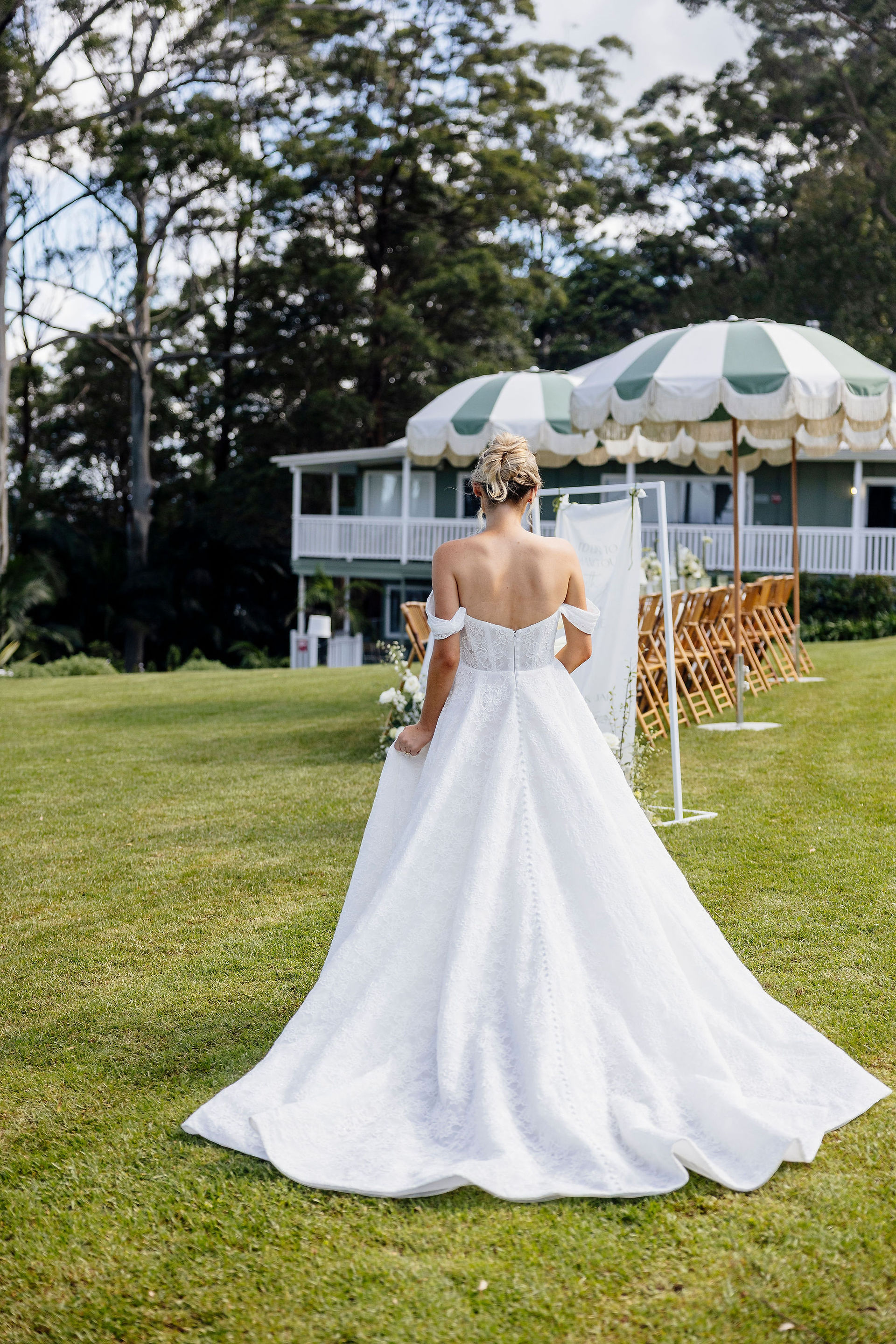 The back of the elegant wedding gown