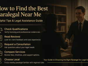 How to Find the Best Paralegal Near Me - Helpful Tips & Legal Assistance Guide. The image provides key advice on finding a paralegal, including checking qualifications, reading reviews, requesting consultations, comparing services, and choosing a local expert familiar with regional rules. It features an illustration of a professional handshake between a paralegal and a client, symbolizing trust and collaboration in legal support.
