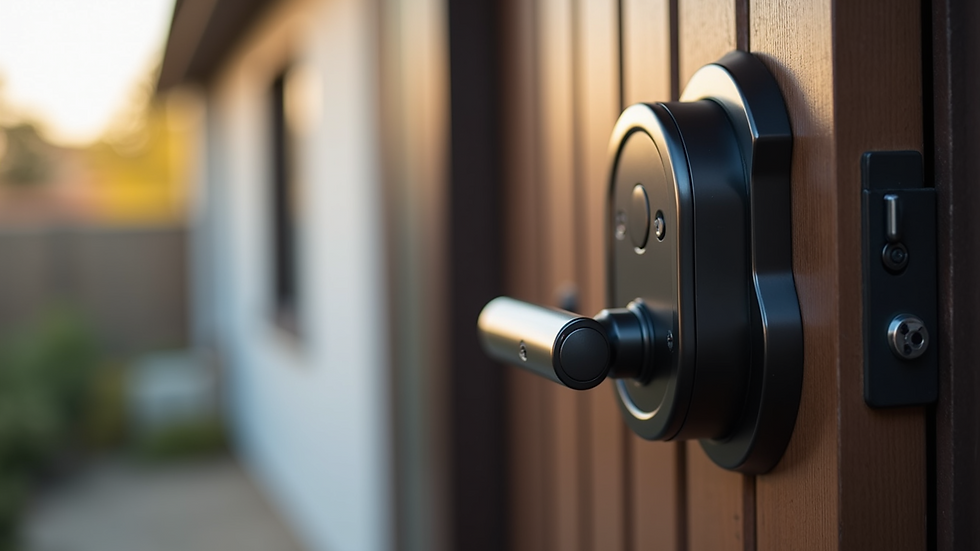 Close-up view of a smart lock installed on a front door