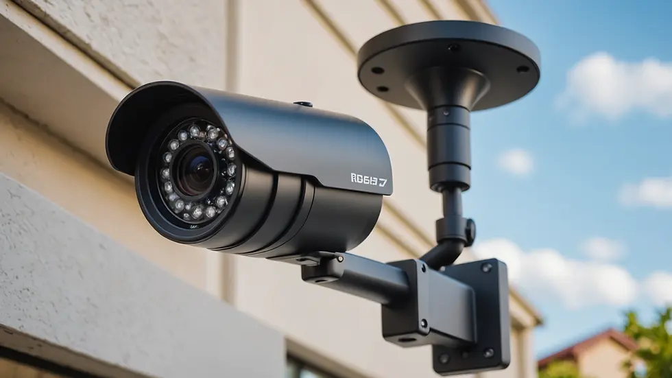 Close-up view of a modern outdoor wired security camera with a sleek design
