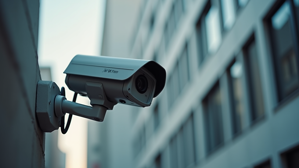 Close-up of a security camera mounted on a building exterior