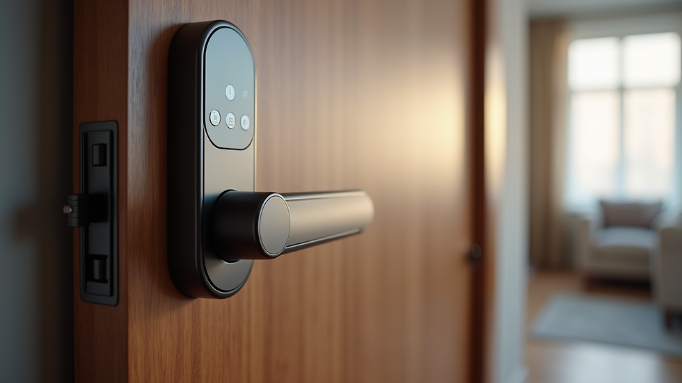 Eye-level view of a modern smart lock installed on a residential door