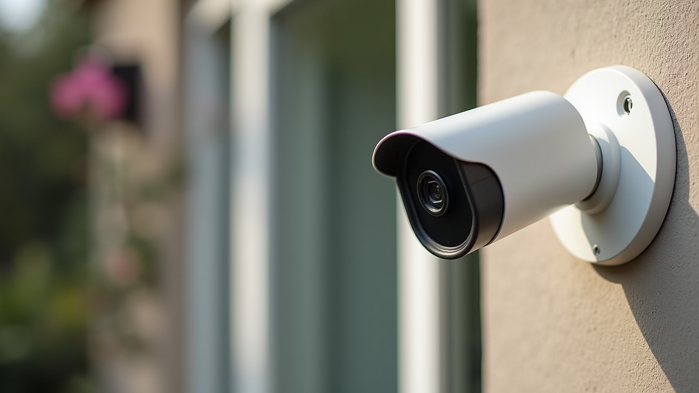 Close-up view of a wireless security camera mounted on a house exterior