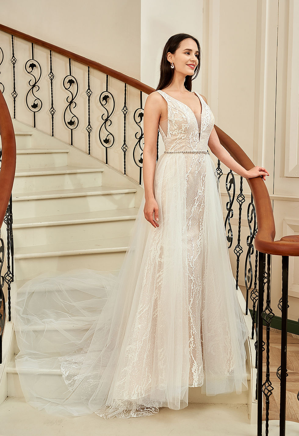 Thumbnail: RHO BRIDAL™ PLUNGING V-NECKLINE WITH DETACHABLE OVERSKIRT  TRUMPET WEDDING DRESS