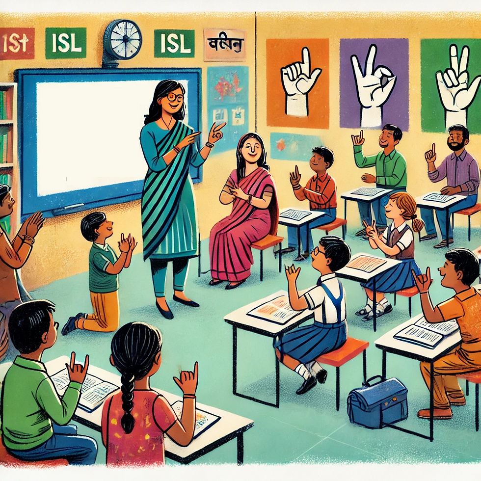A vibrant classroom scene where children and teachers are actively engaging in learning Indian Sign Language (ISL), highlighting the importance of introducing sign language in early childhood education to foster inclusivity, empathy, and enhanced communication skills. The teacher stands at the front of the class, demonstrating signs, while students eagerly participate by practicing hand gestures.