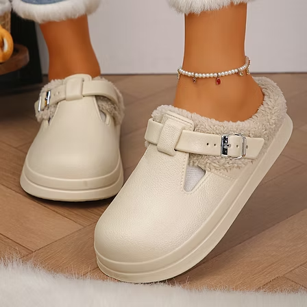 Waterproof Eva Furry Mules Slippers Women 2025 Winter Metal Buckle Warm Plush