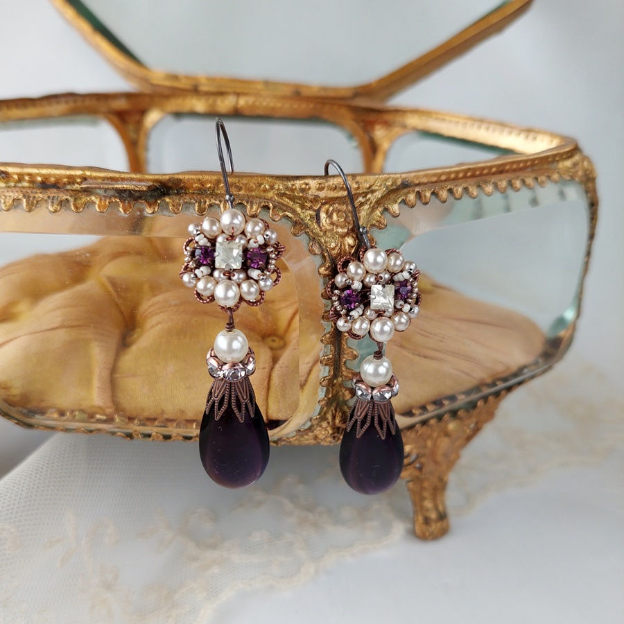 Thumbnail: LONG PURPLE and PEARL RHINESTONE EARRINGS long earrings