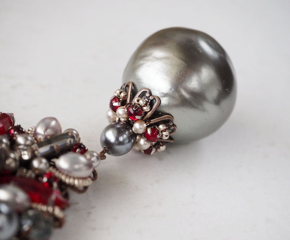 Thumbnail: Big grey pearl drop with detailed red rhinestones
