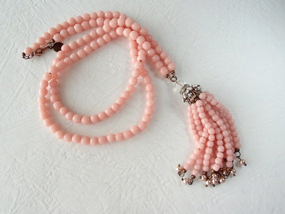 Thumbnail: TASSEL NECKLACE with ANTIQUE TRADE BEADS pink coral