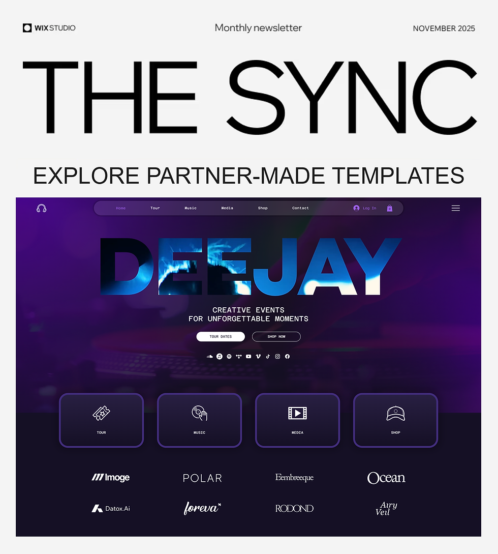  W3BO's “DeeJay” template was featured in Wix Studio’s official SYNC newsletter as one of the standout partner-made templates.