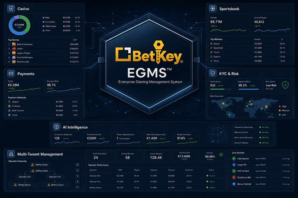 BetKey EGMS multi-tenant iGaming platform dashboard connecting casino, sportsbook, payments, KYC and AI