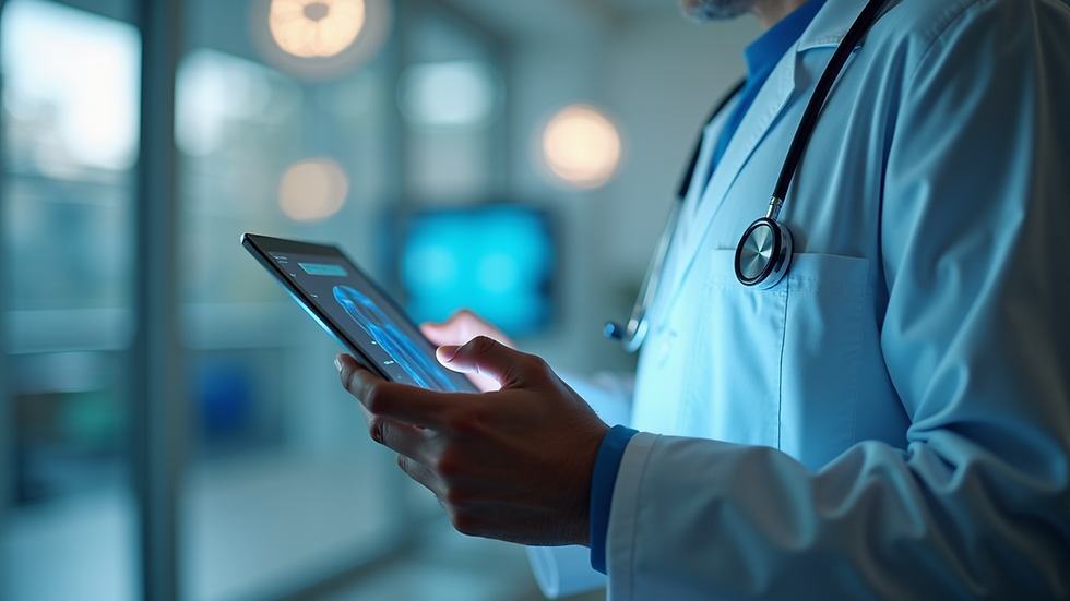 Close-up view of a doctor using a tablet with AI diagnostic software in a clinical setting