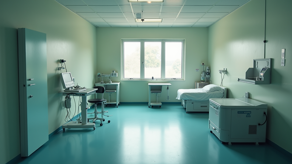 High angle view of a rural healthcare center with basic medical equipment