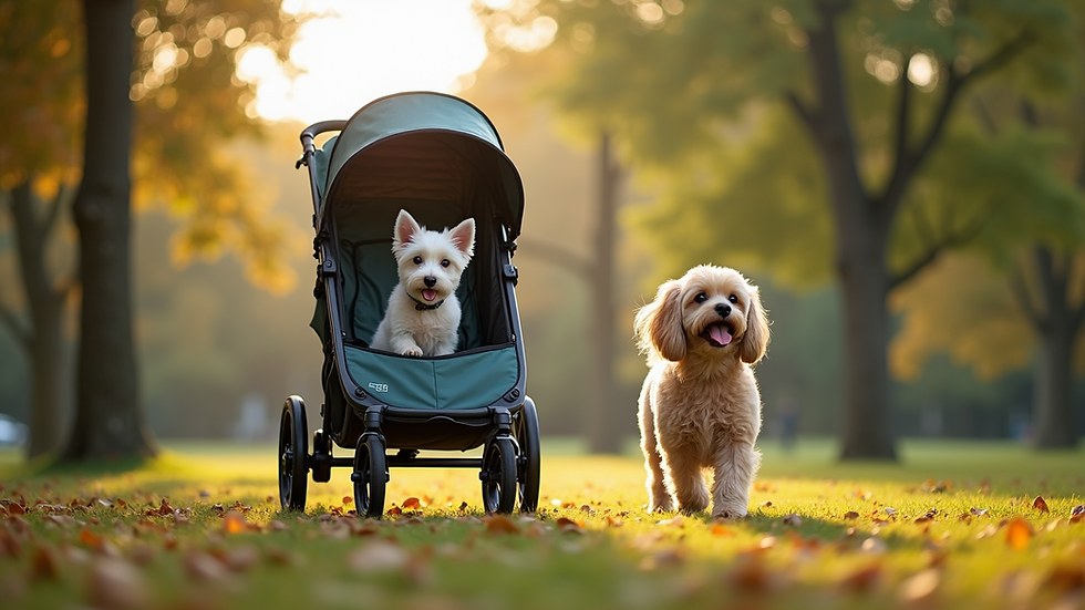 Eye-level view of a Pet Gear No-Zip NV Pet Stroller in a park setting
