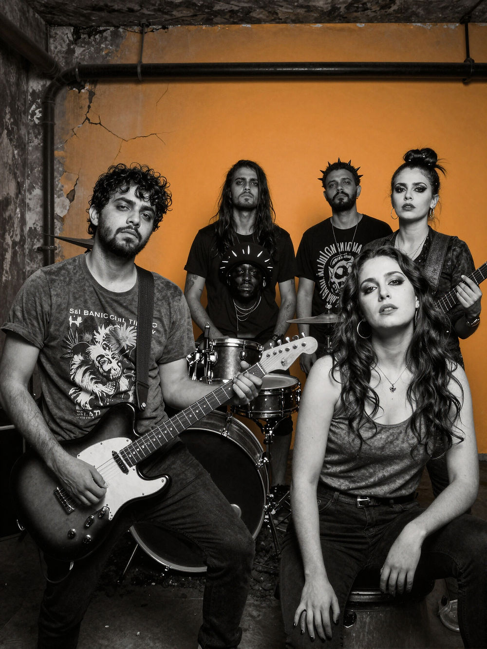 Five musicians posing with a guitar and drums