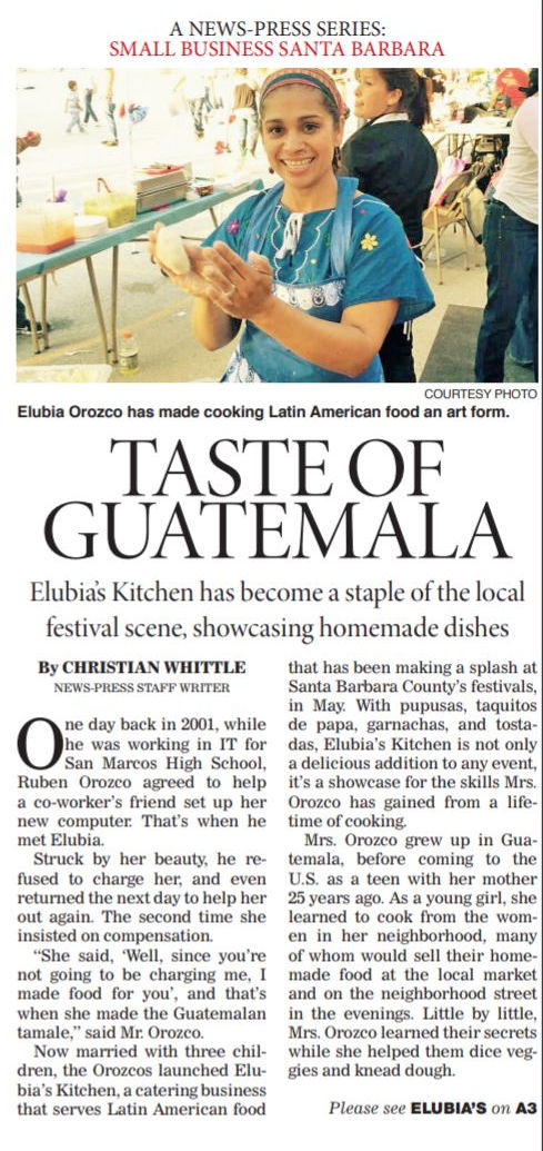 a photo of the santa barbara news article about Elubia. The image is of Elubia making a pupusa.